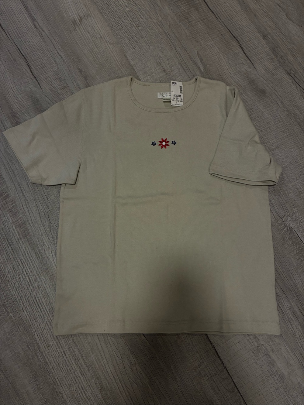 Christopher & Banks Beige Short-Sleeve Crewneck Tee with Small Floral Accent
